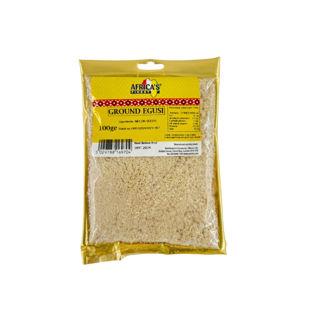 Africa’s Finest Ground Egusi melon seeds, 100g pack on a white background