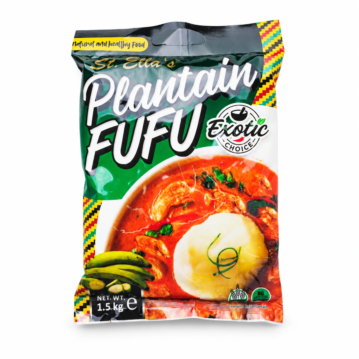 St. Ella's Plantain Fufu Flour 1.5kg pack on a white background