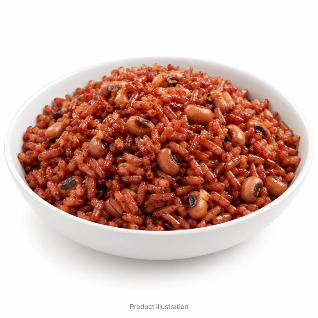 Product illustration of Ready-Cooked Waakye – 500g; packaging is not shown, bowl or glass is for presentation.