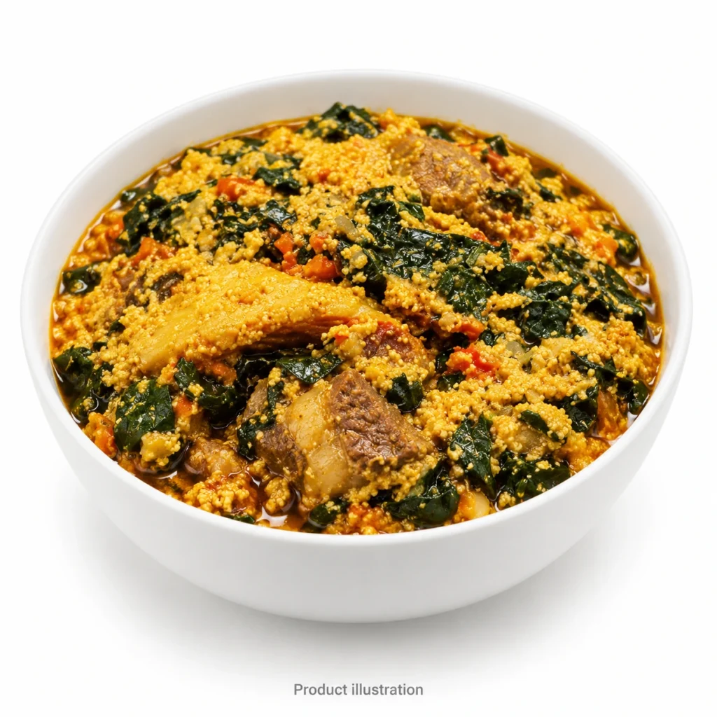 Product illustration of Egusi Soup – 350g; packaging is not shown, bowl or glass is for presentation.