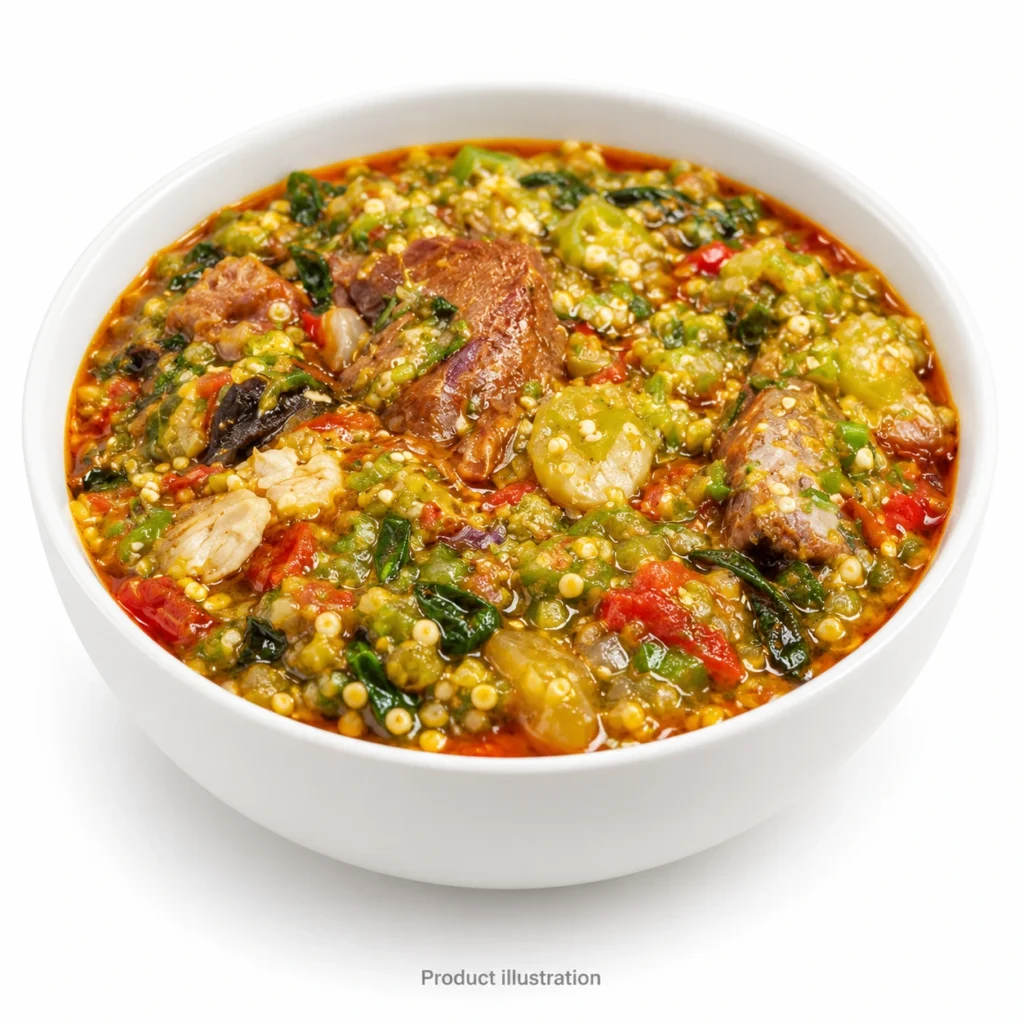 Product illustration of Okra Soup – 350g; packaging is not shown, bowl is for presentation.