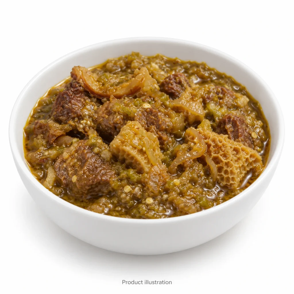 Product illustration of Ayamase (Ofada Pepper Stew) – 500g; packaging is not shown, bowl is for presentation.