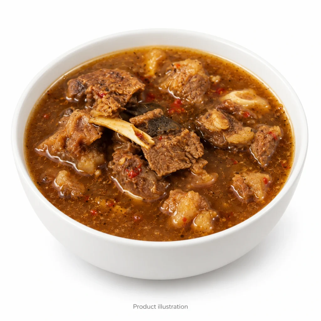 Product illustration of Goat Meat Pepper Soup – 350g; packaging is not shown, bowl is for presentation.